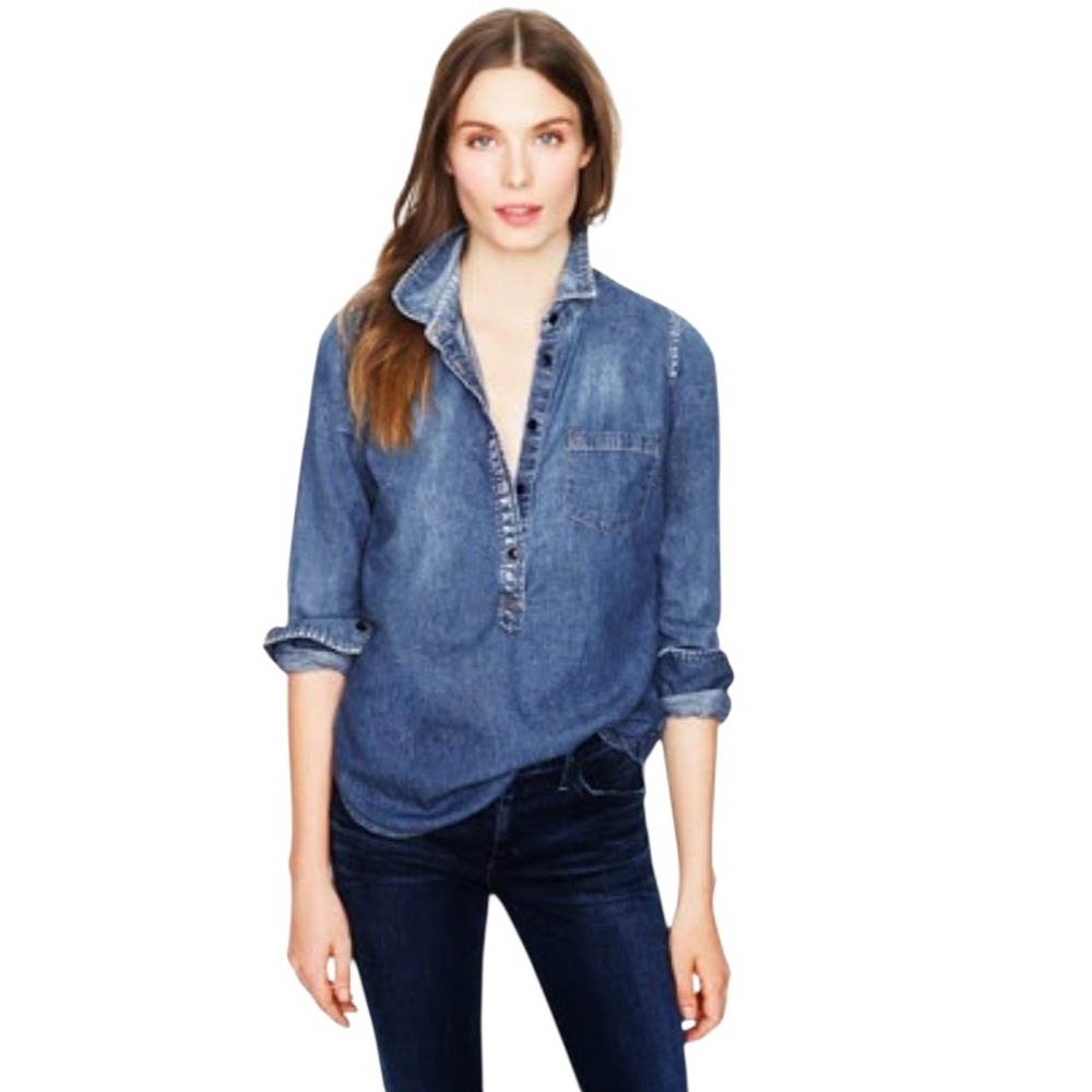 J. Crew Denim Chambray‎ Popover Shirt Tunic Blue Indigo Size 0